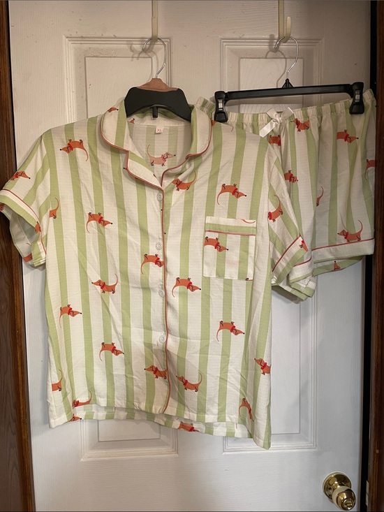 Source Unknown Other - Source Unknown Green Stripe Short Pajama Set with Orange Dachshund print